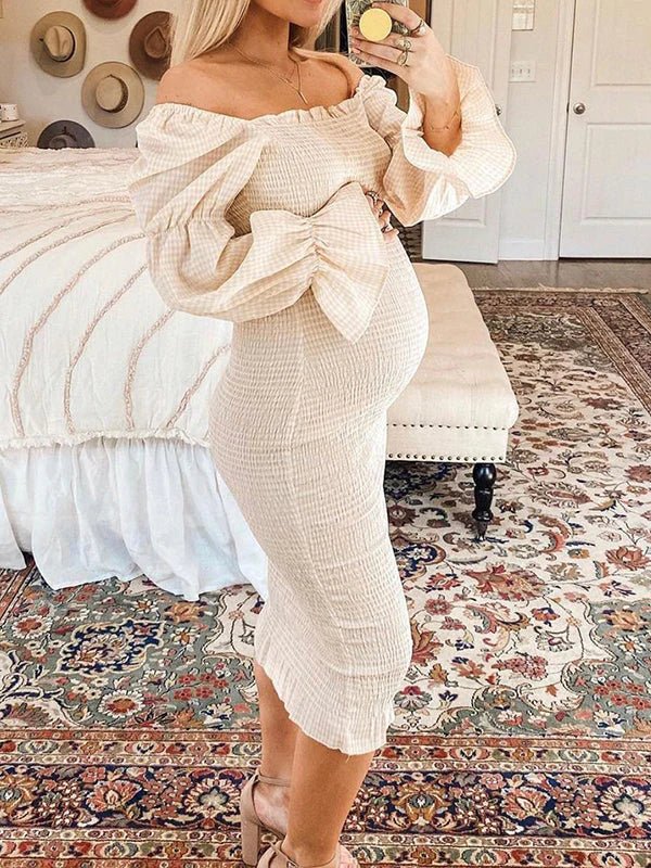 Momyknows Ruffle Off Shoulder Long Sleeve Bodycon Baby Shower Maternity Midi Dress, Apricot / XL