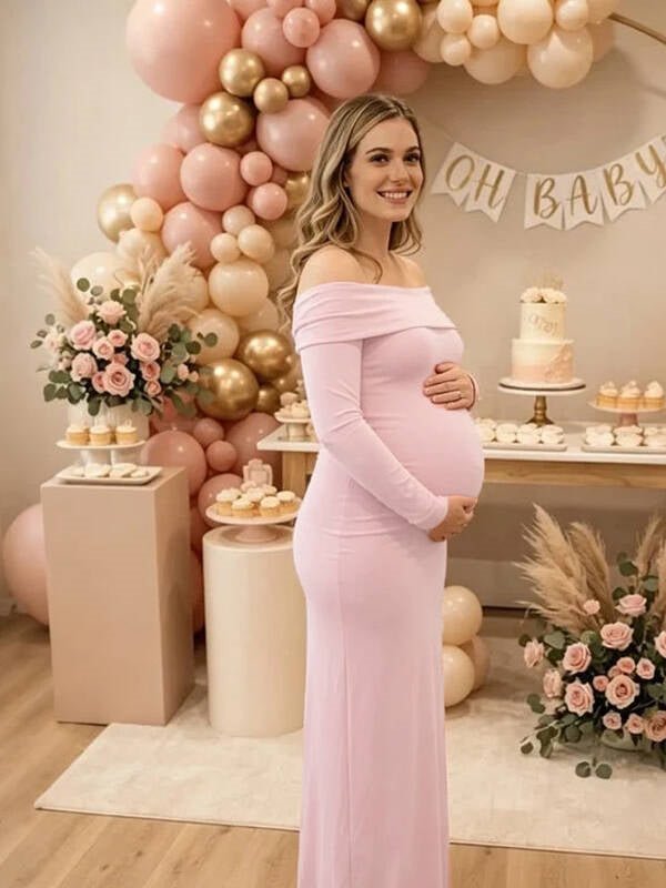 Momyknows Pink Long Sleeve Off Shoulder Backless Solid Color Maternity Baby Shower Maxi Dress - Pink - 2