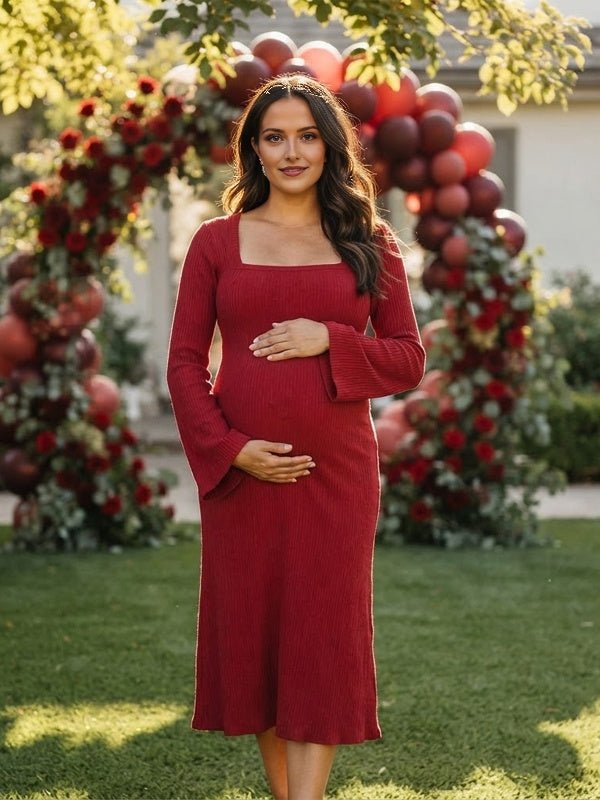 Momyknows Square Neck Lace Up Bodycon Maternity Baby Shower Midi Dress - Red - 1