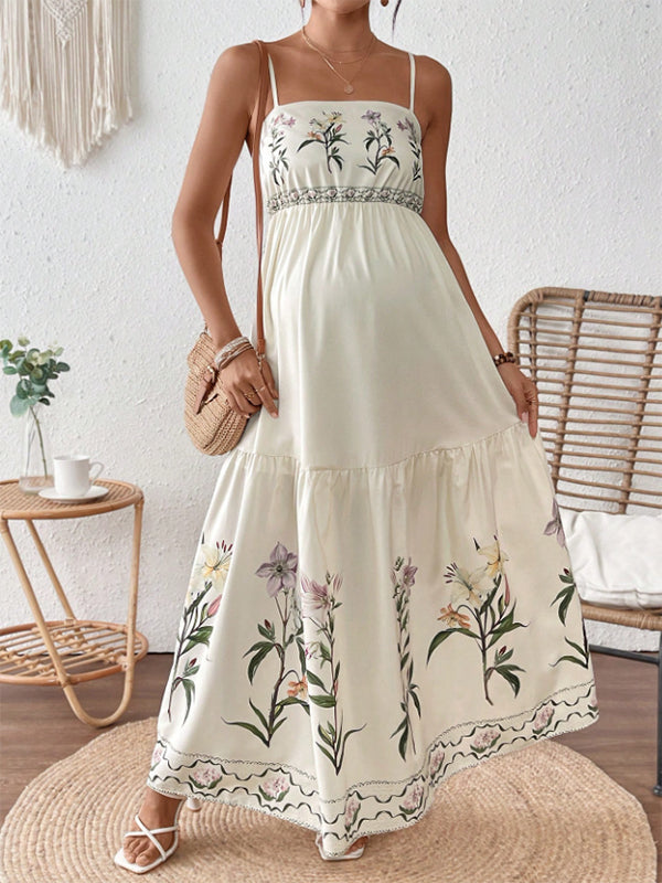 Momyknows Chic Boho Spaghetti Straps Backless A-Line Floral Vacation Maternity Maxi Dress