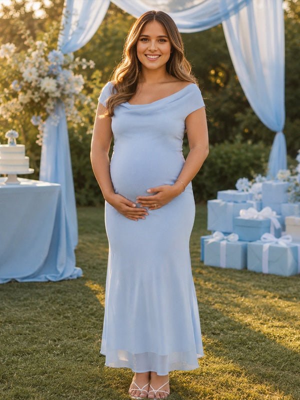 Momyknows Print Off Shoulder Grenadine Backless Maternity Baby Shower Maxi Dress - Blue - 2