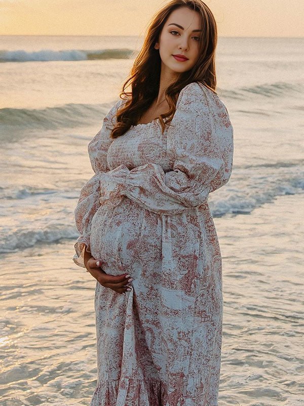 Momyknows Ruffle Ruched High Waist Puff Sleeve Cute Photoshoot Western Maternity Maxi Dress, Red / S