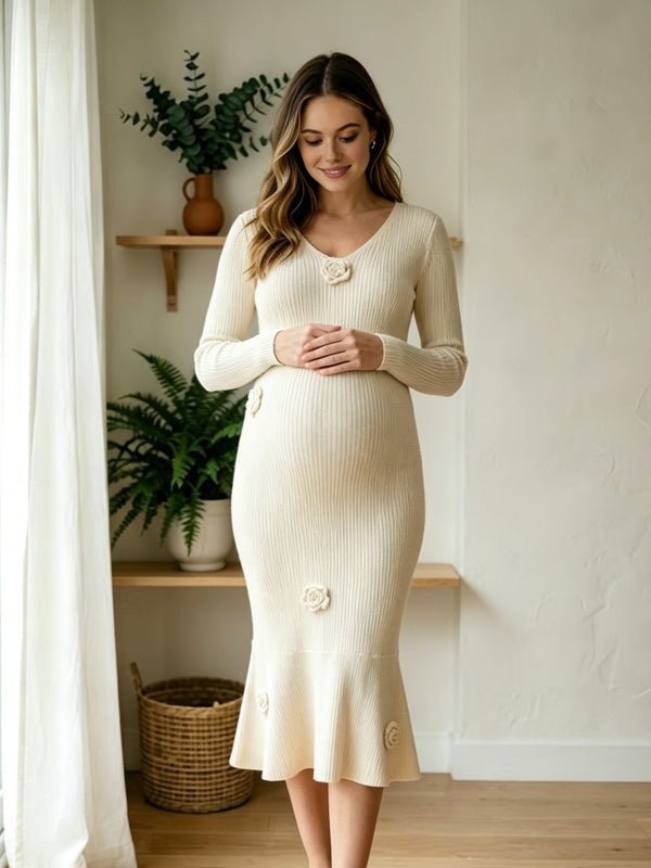 Momyknows V-neck Long Sleeve 3D Flower Crochet Babyshower Maternity Midi Dress