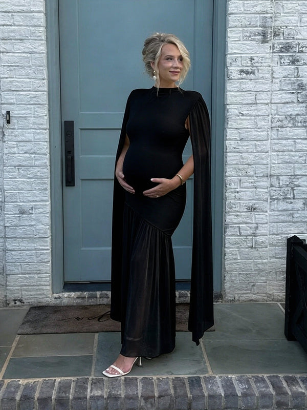 Black Mesh Patchwork Maternity Maxi Dress with Mesh Details and Bodycon Fit, Elegant Evening Wear