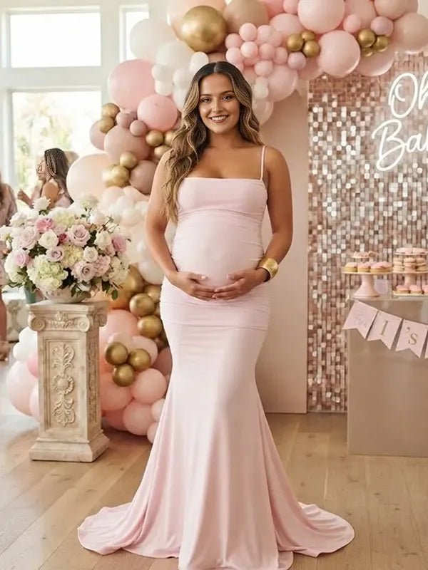 Momyknows Pink Spaghetti Strap Ruched Lace Up Backless Maternity Baby Shower Maxi Dress - Pink - 1