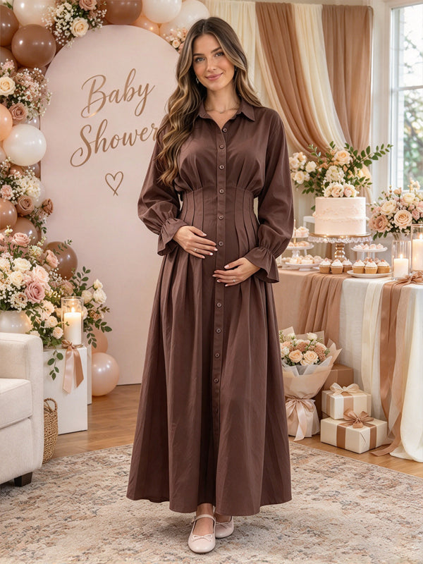 Brown Ruffle Ruched Maternity Maxi Dress with Lace Up Accents and Elegant Silhouette