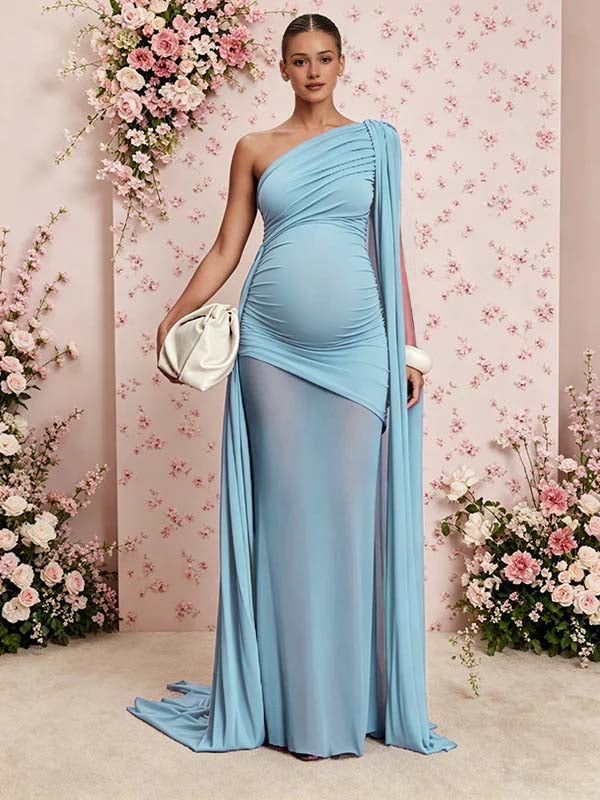 Momyknows Chic Blue Ruched Oblique Shoulder Mesh Side Draped Baby Shower Maternity Maxi Dress