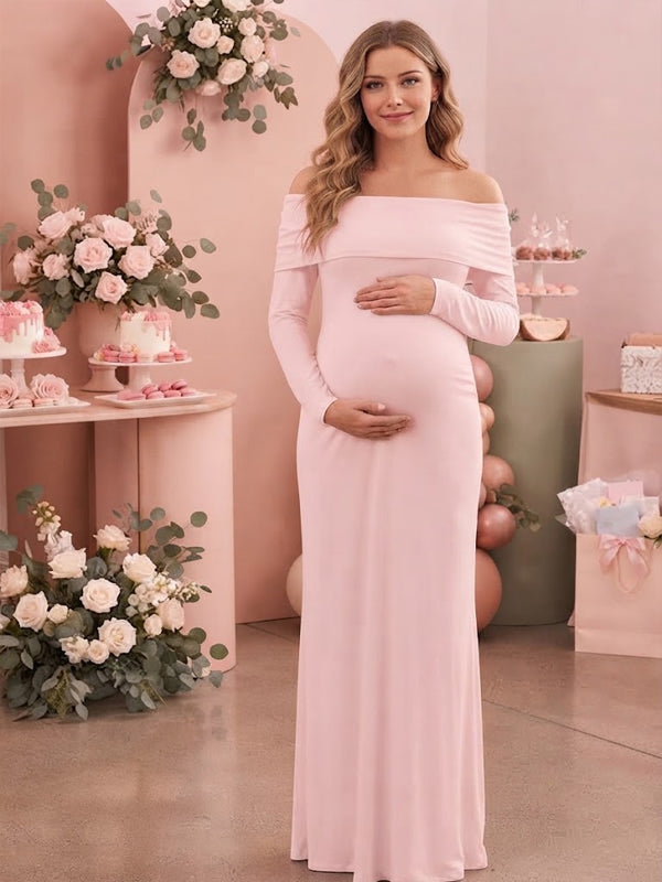 Momyknows Off Shoulder Side Slit Ruched Backless Maternity Baby Shower Maxi Dress
