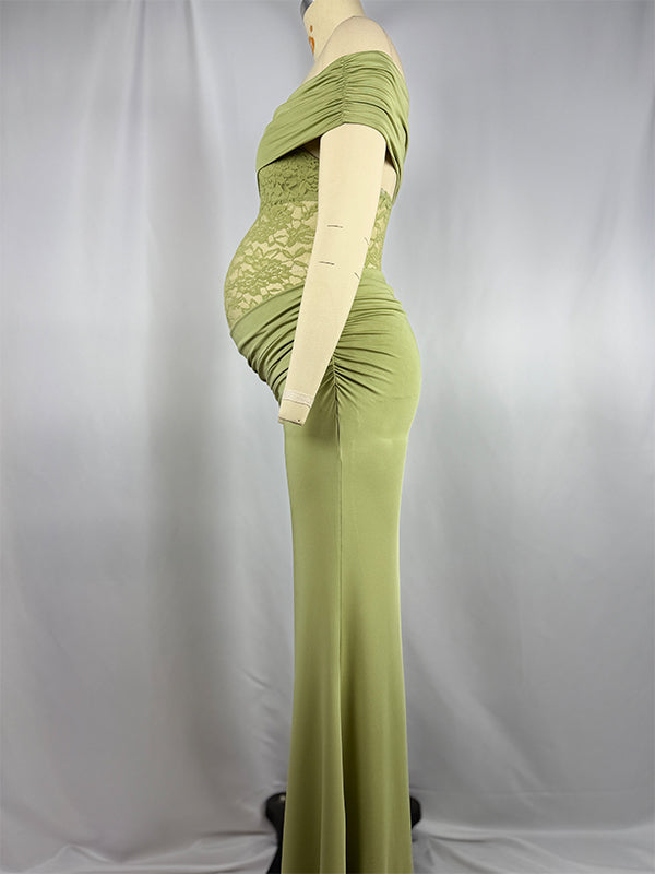 Momyknows Off Shoulder Lace Sheer Splicing Ruched Baby Shower Maternity Maxi Dress Green / M Momyknows Off Shoulder Lace Sheer Splicing Ruched Baby Shower Maternity Maxi Dress Green / M