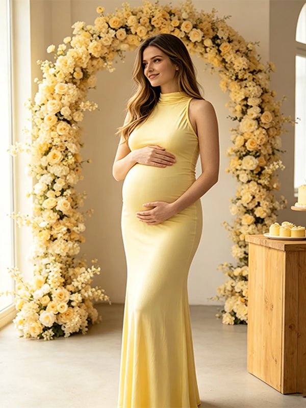 Momyknows High Neck Ribbon Trumpet Ruched Maternity Baby Shower Maxi Dress - Yellow - 2