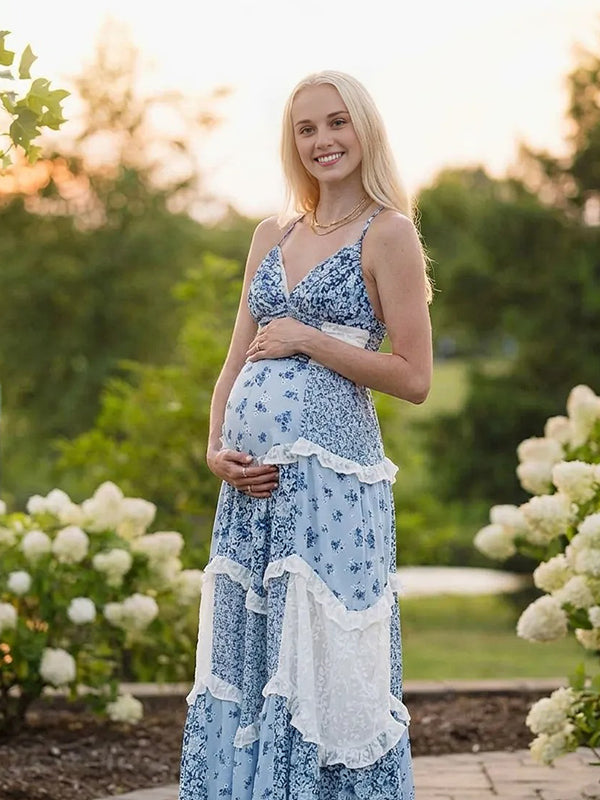 Momyknows Lace Ruffle Flowers Spaghetti Strap Photoshoot Maternity Maxi Dress