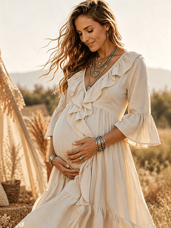 Momyknows Apricot Elegant Irregular Falbala Maternity Photoshoot Maxi Dress - Apricot - 2