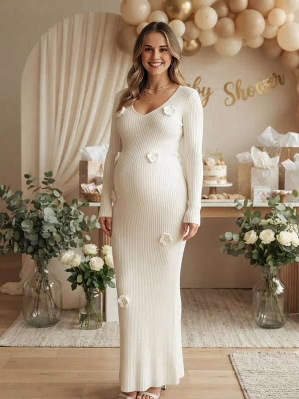 Momyknows V-neck Long Sleeve 3D Flower Crochet Babyshower Maternity Midi Dress - White - 1