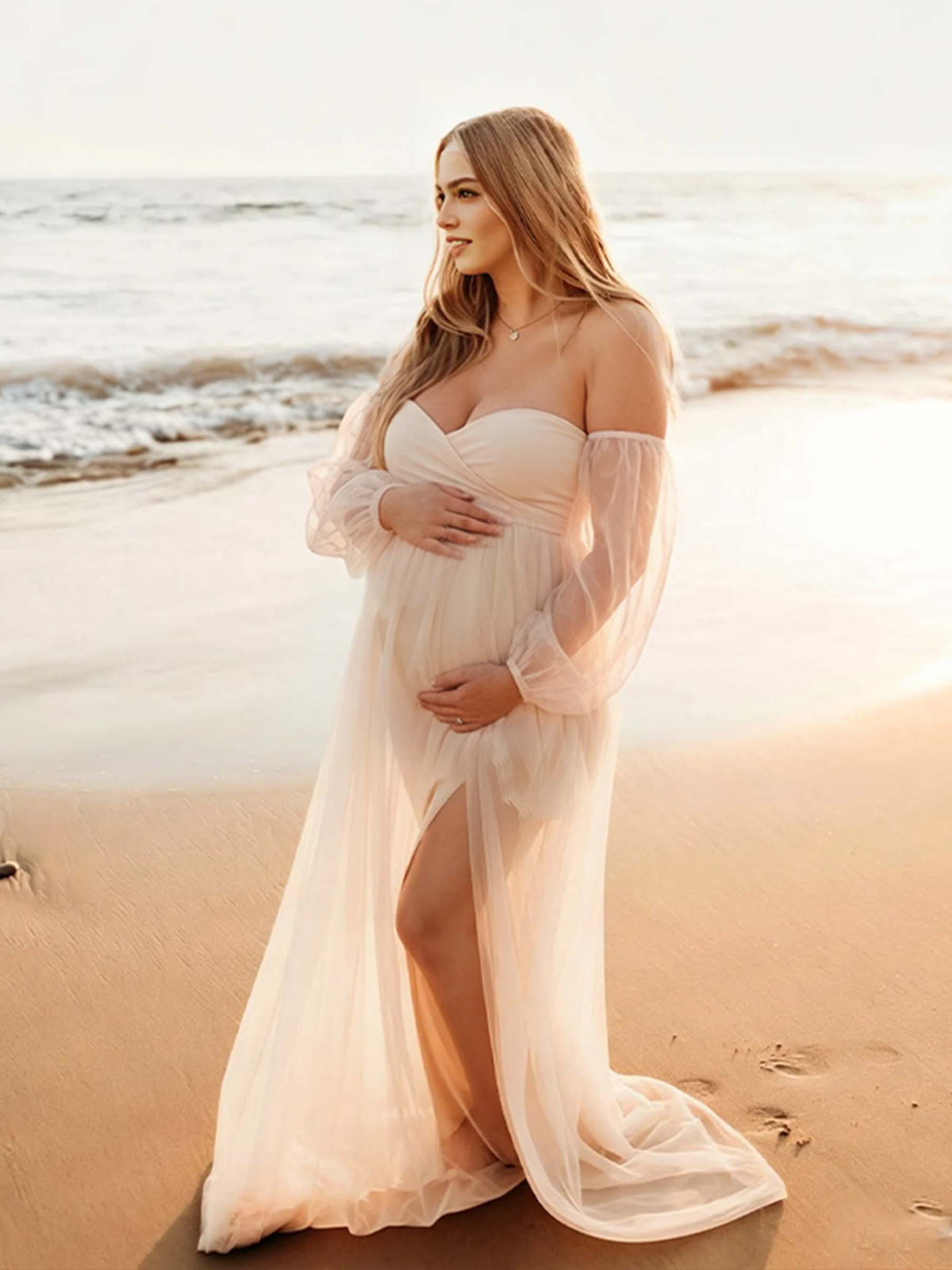 Momyknows Grenadine Elegant Vacation Bohemian Off Shoulder Photoshoot Maternity Maxi Dress