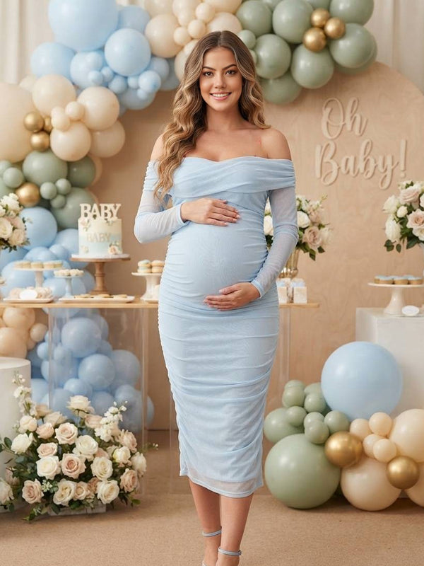 Blue Off-the-Shoulder Maternity Dress with Ruffle and Tulle Details and Form-Fitting Silhouette, Baby Shower