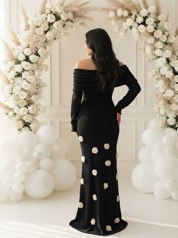 Momyknows Black Off Shoulder 3D Flower Backless Crochet Maternity Baby Shower Maxi Dress - Black - 3