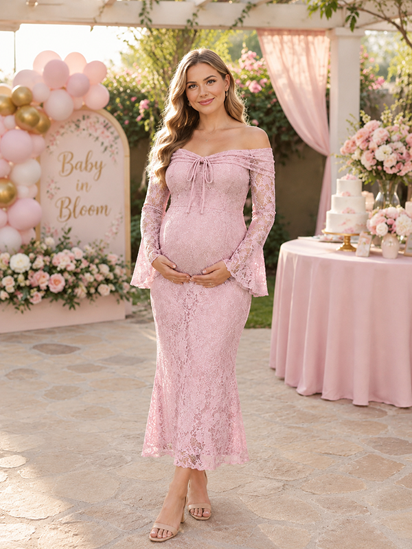 Pink Elegant Off Shoulder Baby Shower Maternity Maxi Dress