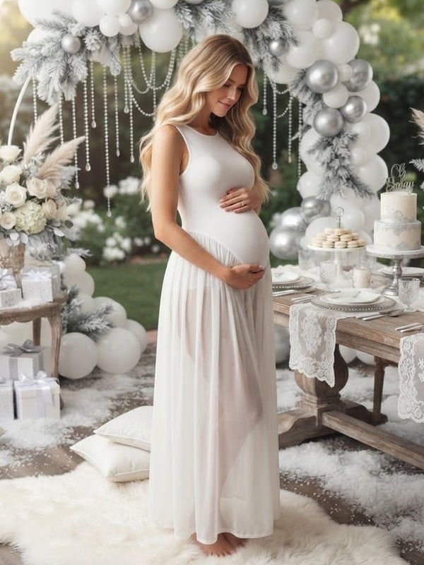 Momyknows Ruched Sheer Spliced Big Swing Maternity Baby Shower Maxi Dress - White - 2