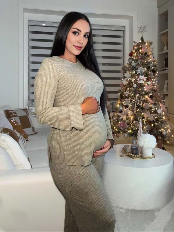 Momyknows Khaki Side Slit Crochet Two Piece Maternity Photoshoot Suit