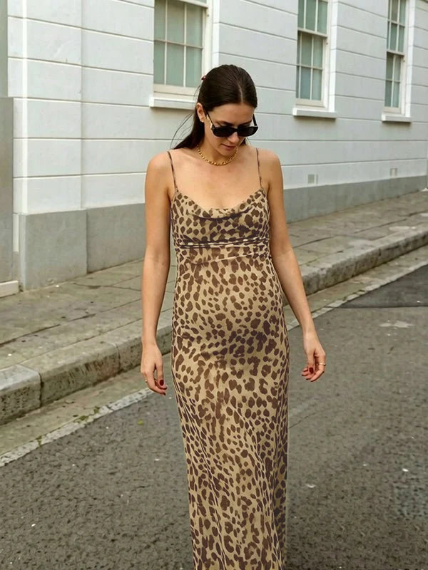 Momyknows Fashion Brown Leopard Spaghetti Straps Backless A-Line Vacation Maternity Maxi Dress