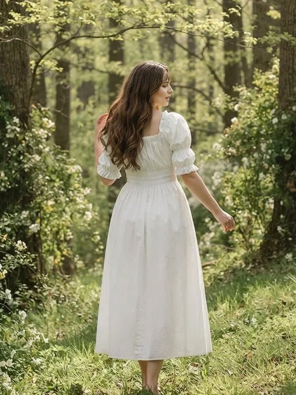 Momyknows Smocked Lace Up Ruffle Puff Sleeve Maternity Photoshoot Midi Dress - White - 3