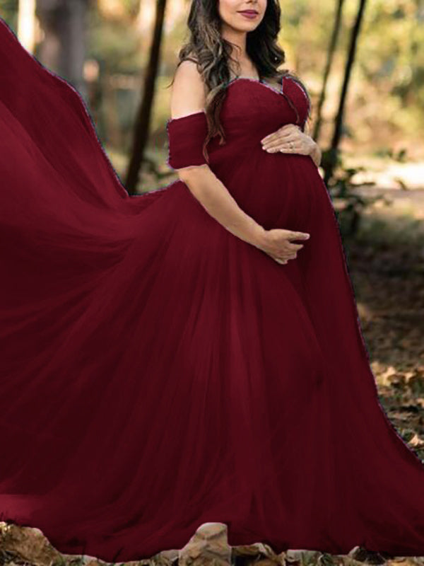 Momyknows Grenadine Tulle Lace Off Shoulder Baby Shower Photoshoot Pregnant Maternity Maxi Dress