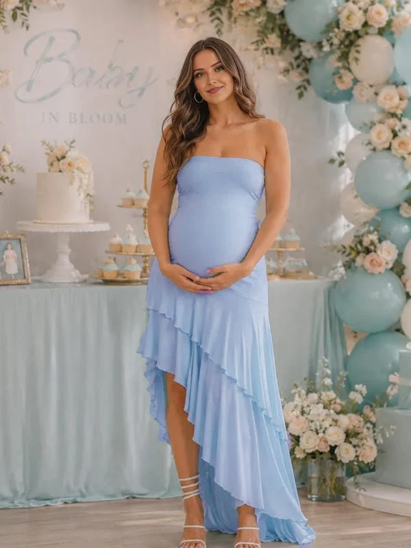 Momyknows Ruffle Side Slit Trumpet Big Swing Maternity Baby Shower Maxi Dress