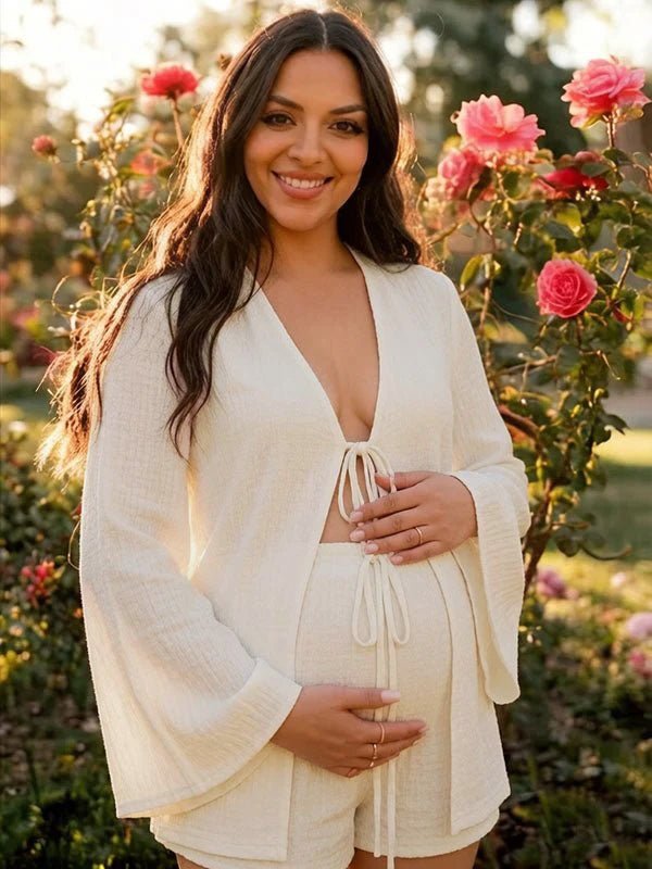 Momyknows Chic Beige 2-in-1 Lace-Up Side Slit Maternity Top Short - Beige - 1