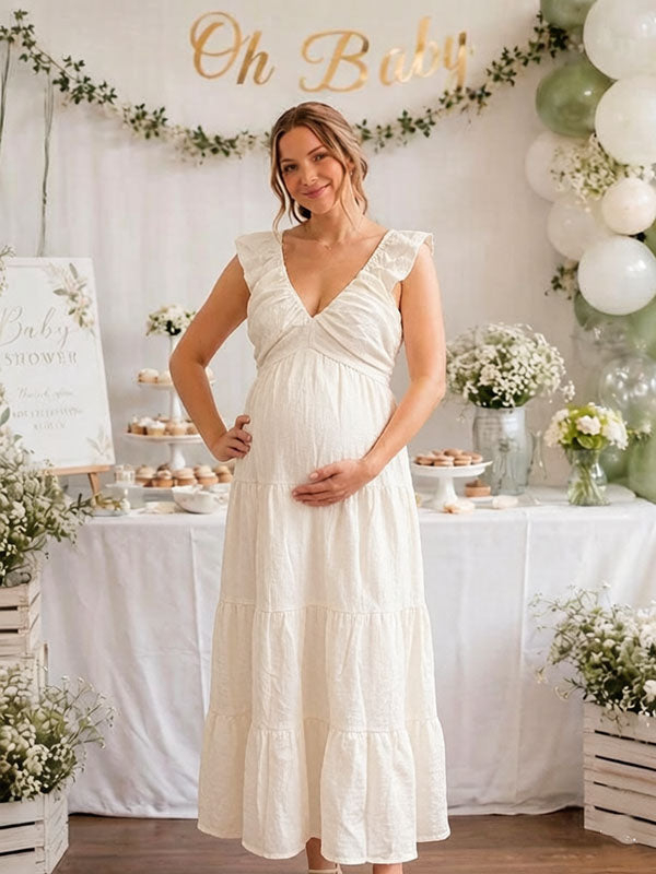 Momyknows Elegant Beige Falbala Backless A-Line Baby Shower Maternity Maxi Dress