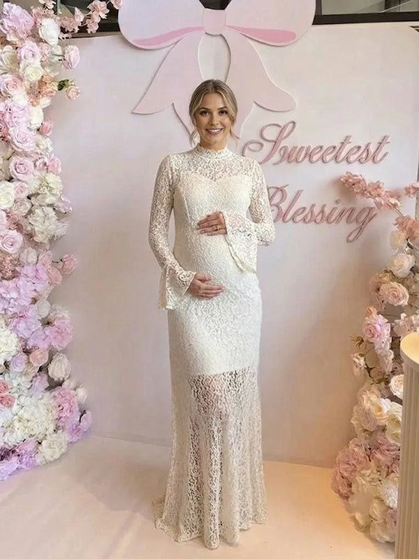 Momyknows White Elegant Lace Flare Sleeve Baby Shower Maternity Maxi Dress - White - 1