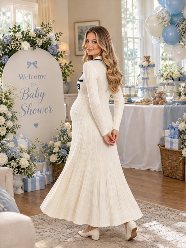 Apricot Naval Territory Maternity Maxi Dress with Crochet Details and Flowing Fit