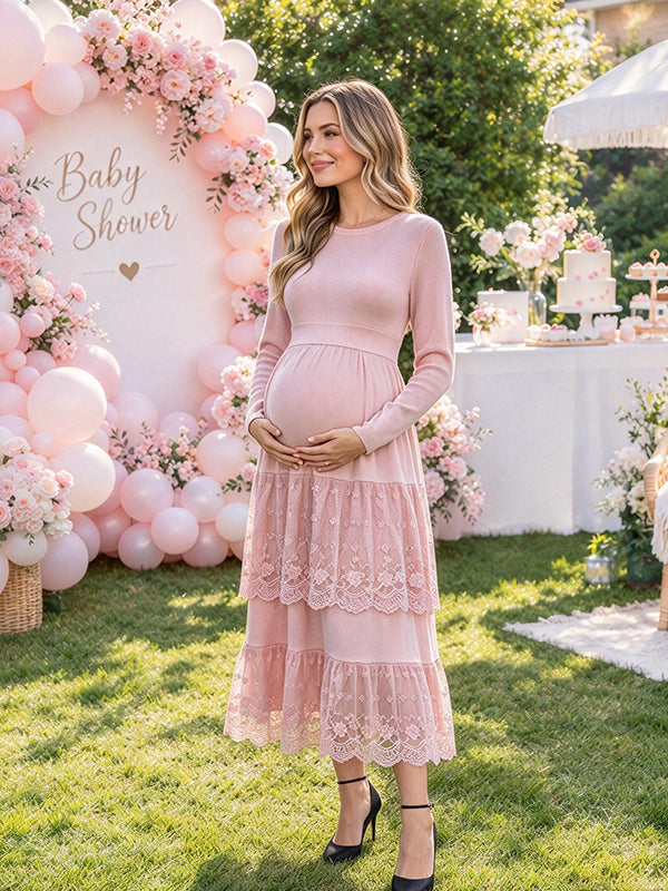 Pink Lace Maternity Midi Dress with Big Swing Silhouette and Grenadine Detail and Elegant Fit