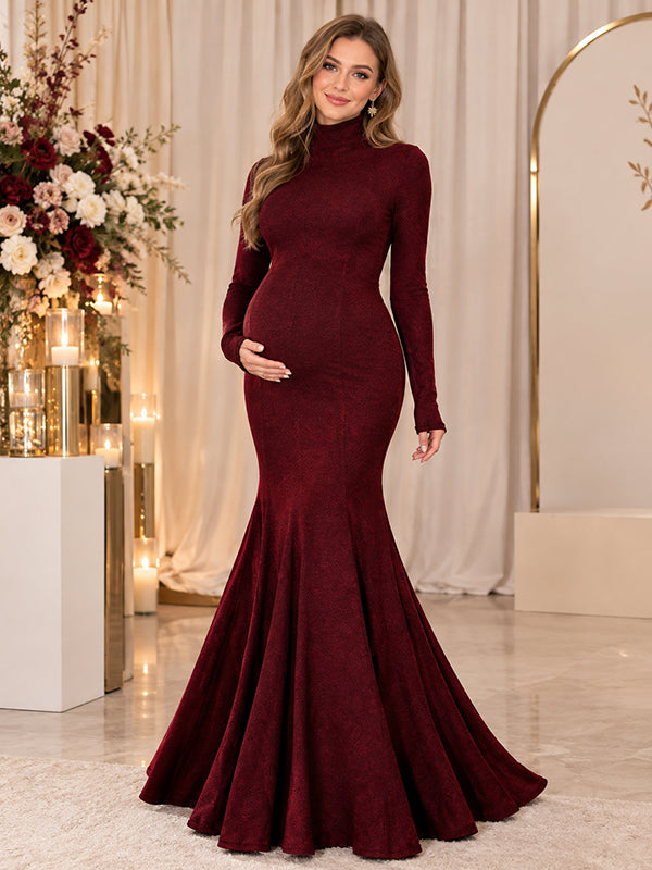Red Babyshower Maternity Maxi Dress with pleuche texture and bodycon fit silhouette, for baby shower