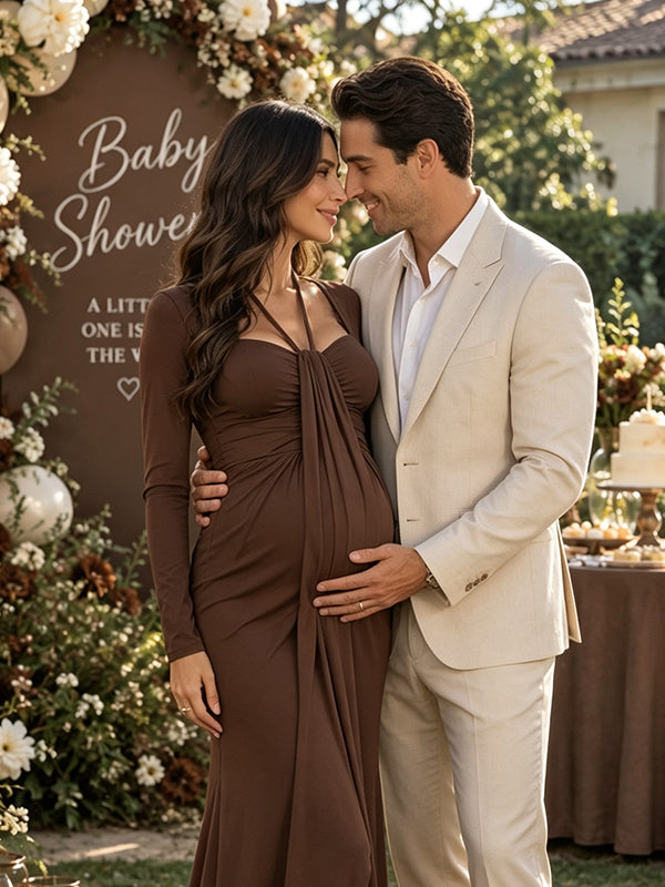 Tan Halter Neck Maternity Maxi Dress with Elegant Ribbon Detail