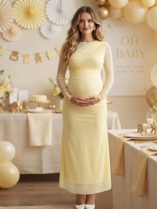 Momyknows Ruched Sheer Grenadine Bodycon Maternity Baby Shower Maxi Dress - Yellow - 1