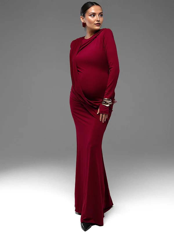 Momyknows Open Back Ruched Cape Bodycon Maternity Photoshoot Maxi Dress