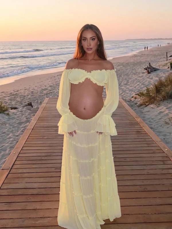 Momyknows Yellow Off Shoulder Ruffle Crop Big Swing Two Piece Set Maternity Maxi Dress