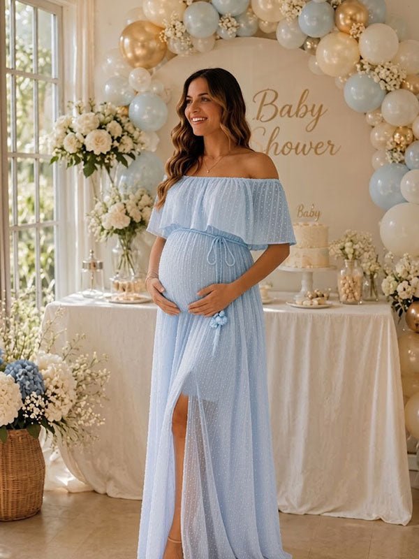 Momyknows Blue Off Shoulder Lace-Up Side Slit Polka dot Flowy Baby Shower Maternity Maxi Dress - Blue - 3