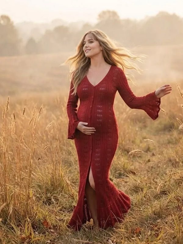 Momyknows Red Ruffle Crochet Button Flare Sleeve Maternity Photoshoot Sweater Maxi Dress - Red - 2