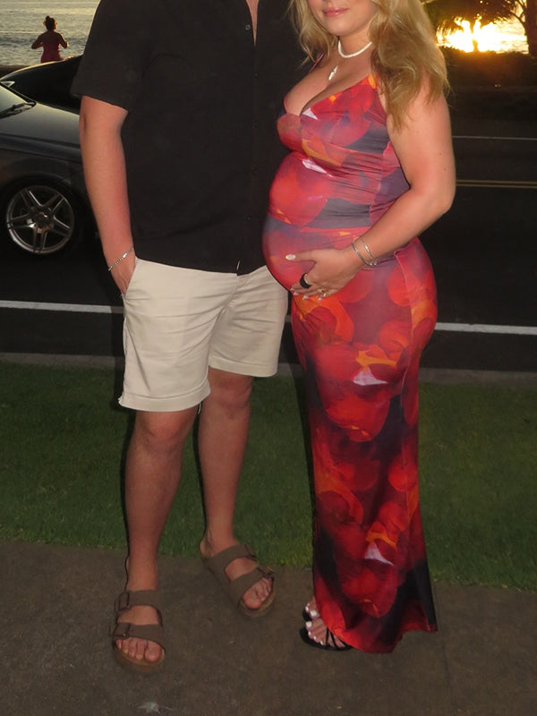 Momyknows Chic Red Floral 2-in-1 Bodycon Spaghetti Strap Vacation Maternity Maxi Dress