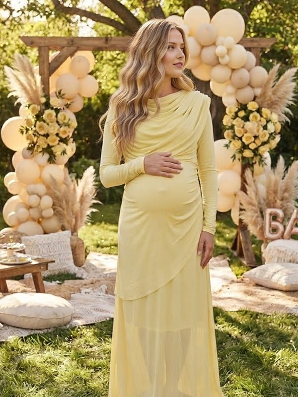 Momyknows Swing Collar Ruched Bodycon Maternity Baby Shower Maxi Dress, White / L