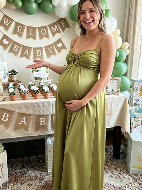 Momyknows Elegant Green Cut Out Backless Spaghetti Strap Baby Shower Maternity Maxi Dress