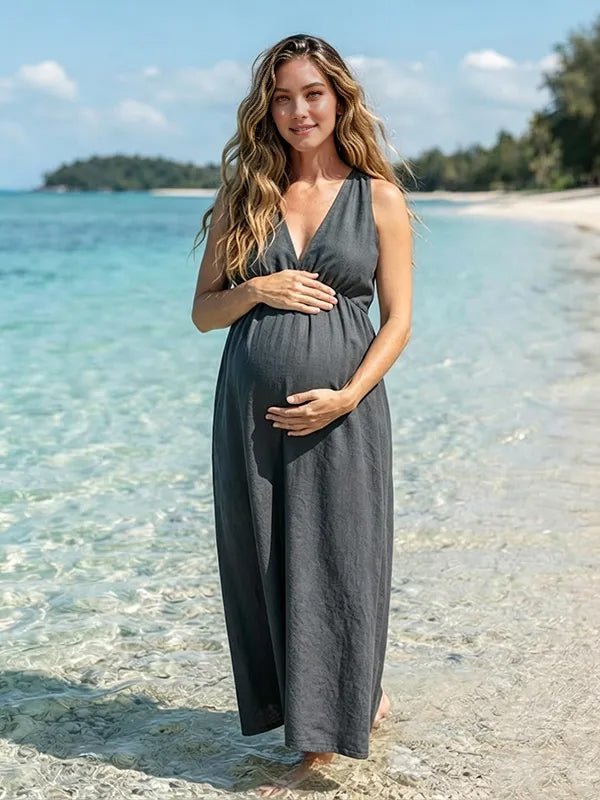 Momyknows Grey Deep V Ruched Smocked High Waisted Plus Size Maternity Photoshoot Maxi Dress - Grey - 2