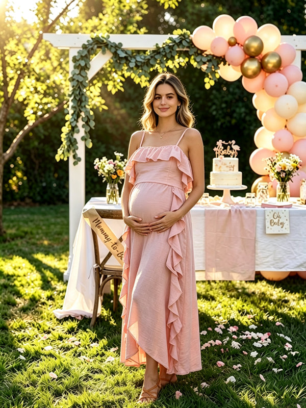Momyknows Spaghetti Strap Falbala Irregular Maternity Baby Shower Midi Dress