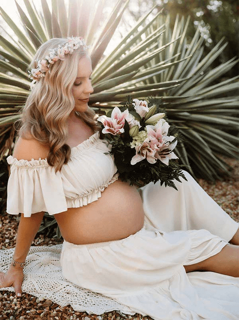 Momyknows Solid Color Bohemian Off Shoulder Backless Ruffle 2-in-1 Crop Cap Sleeve Side Slit Photoshoot Maternity Maxi Dress, White / L