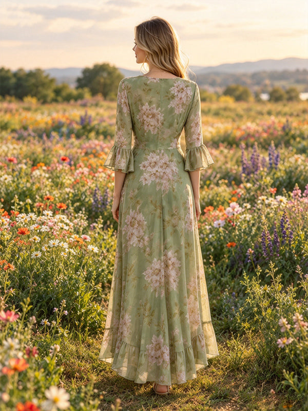 Army Green Printed Maternity Maxi Dress with Ruffle Details and Irregular Hem and Flare Sleeves