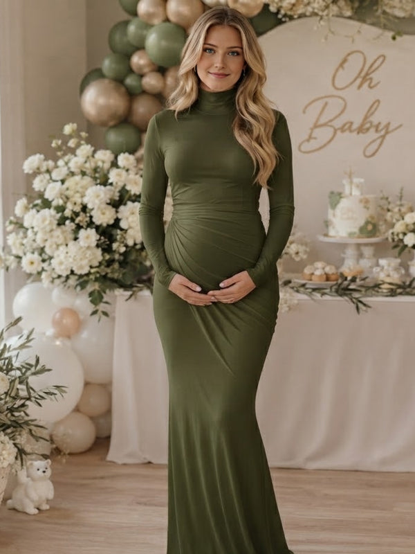 Green Elegant Ruched Maternity Maxi Dress with High Neckline and Flattering Silhouette, Baby Shower Style