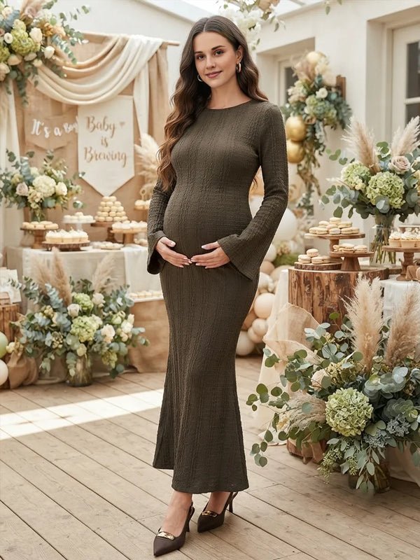 Momyknows Flare Sleeve Crochet Bodycon Mermaid Babyshower Maternity Maxi Dress - Brown - 6