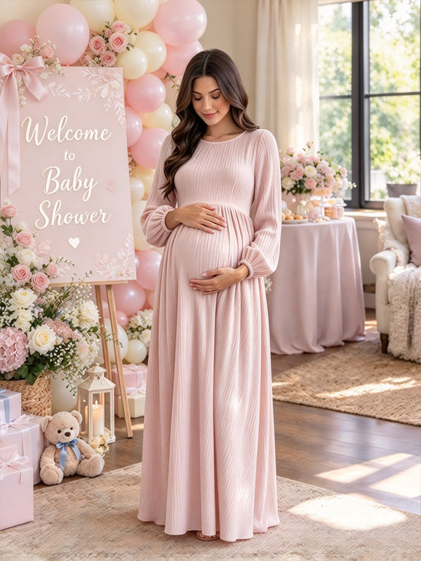 Pink Ruched A-Line Baby Shower Maternity Maxi Dress with Flared Big Swing Silhouette