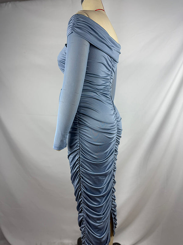Momyknows Blue Ruched Off Shoulder Cross Chest Bodycon Elegant Wedding Guest Maternity Photoshoot Midi Dress Blue / M Momyknows Blue Ruched Off Shoulder Cross Chest Bodycon Elegant Wedding Guest Maternity Photoshoot Midi Dress Blue / M